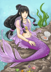 1girl absurdres ace_attorney artist_name black_hair bracelet breasts bubble clam full_body highres jewelry lipstick long_hair low-tied_long_hair makeup maya_fey mermaid monster_girl navel necklace noh_masked seashell shell shell_necklace sidelocks small_breasts smile solo starfish underwater