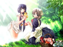 Rule 34 | 00s, 2girls, :o, apple, apron, basket, black dress, blue eyes, braid, brown eyes, brown hair, carnelian, cup, dress, food, from side, fruit, game cg, glasses, grass, hair over shoulder, hair ribbon, harukawa tomomi, holding, jpeg artifacts, kao no nai tsuki, kuraki mizuna, leaning forward, light rays, long hair, long sleeves, looking at viewer, looking back, low twintails, maid, maid apron, maid headdress, mug, multiple girls, outdoors, parted bangs, picnic basket, puffy short sleeves, puffy sleeves, purple hair, ribbon, rubber duck, sandwich, short sleeves, single braid, sitting, standing, thermos, tree, twintails, wading, water, watering can, wet, white dress