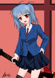 Rule 34 | amicis, blue hair, guitar, instrument, original, red eyes, solo, tagme, thighhighs