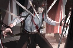 Rule 34 | 1boy, black eyes, black hair, blood, cuffs, headband, injury, long hair, male focus, original, restrained, shackles, sword, weapon, weizhidaodao