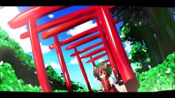 Rule 34 | 1girl, animal ears, bad id, bad pixiv id, brown hair, cat ears, cat girl, cat tail, chen, cloud, day, dress, female focus, hat, highres, kuromari (runia), letterboxed, multiple tails, nature, open mouth, outdoors, plant, red eyes, short hair, shrine, sky, solo, tail, torii, touhou, tree