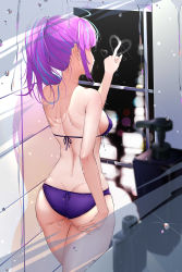 Rule 34 | 1girl, absurdres, ahoge, ass, back, bare arms, bare back, bare shoulders, bikini, blue hair, blunt bangs, breasts, butt crack, city lights, cowboy shot, cqingwei, from behind, glass writing, heart, highres, hololive, indoors, long hair, medium breasts, minato aqua, multicolored hair, night, ponytail, purple bikini, purple hair, sideboob, sidelocks, solo, streaked hair, swimsuit, two-tone hair, virtual youtuber, water, wet, window