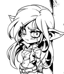Rule 34 | 1girl, alternate ears, alternate form, belt, blush, breasts, cleavage, cropped jacket, fang, grey background, greyscale, jacket, katarina (league of legends), large breasts, league of legends, long hair, looking at viewer, monochrome, navel, open clothes, open jacket, phantom ix row, pointy ears, solo, stomach, yordle