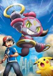 Rule 34 | ash ketchum, black hair, blue eyes, blue sky, brown eyes, city, cloud, cloudy sky, creatures (company), earrings, game freak, gen 1 pokemon, gen 6 pokemon, grin, hat, highres, holding, holding jewelry, holding ring, hoop earrings, hoopa, hoopa (confined), horns, jewelry, legendary pokemon, looking at another, mythical pokemon, nintendo, official art, open mouth, pikachu, pokemon, pokemon (anime), pokemon (creature), pokemon the movie: hoopa and the clash of ages, pokemon xy (anime), ring, short hair, sky, smile