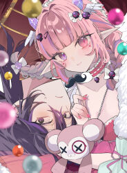 Rule 34 | 1boy, 1girl, alternate hairstyle, beads, blush, bow, braid, breasts, bubi (ironmouse), choker, cleavage, collarbone, dress, fake facial hair, fake mustache, fang, fang out, fangs, fangs out, frilled choker, frilled headwear, frills, hair bow, hair ornament, hairclip, heart, heart-shaped pupils, heart on cheek, highres, holding mustache, horns, ironmouse, lace trim, large ears, light frown, long hair, marble (toy), may nakasaki, medium breasts, multicolored hair, nail polish, nervous smile, pink dress, pink eyes, pink hair, pink nails, pointy ears, purple eyes, purple hair, skull hair ornament, smile, sparkle, stuffed monkey, stuffed toy, sweatdrop, symbol-shaped pupils, twin braids, virtual youtuber, vshojo, wing hair ornament