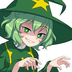 Rule 34 | 1girl, adapted costume, bmkro, commentary, dress, english commentary, ghost pose, green dress, green eyes, green hair, green hat, grin, hat, looking at viewer, lowres, shaded face, short hair, simple background, smile, soga no tojiko, solo, star (symbol), touhou, upper body, white background, wide sleeves, witch hat