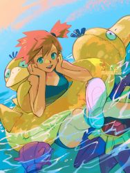 Rule 34 | 1girl, :d, afloat, bike shorts, commentary, creatures (company), day, eyelashes, game freak, gen 1 pokemon, green eyes, gym leader, hands on own face, hands up, highres, innertube, looking at viewer, misty (pokemon), miyaulait, nintendo, open mouth, orange hair, outdoors, pokemon, pokemon (creature), pokemon frlg, pokemon on back, psyduck, shellder, shoes, short hair, side ponytail, smile, spiked hair, sports bra, starmie, swim ring, symbol-only commentary, teeth, themed object, upper teeth only, water