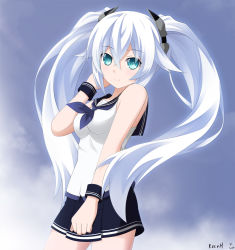 Rule 34 | 10s, 1girl, black heart (neptunia), blue eyes, hair ornament, hair ribbon, keenh, long hair, looking at viewer, neptune (series), noire (neptunia), ribbon, sailor, school uniform, smile, solo, symbol-shaped pupils, twintails, white hair