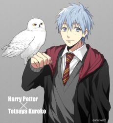 Rule 34 | 1boy, animal on arm, bird, bird on arm, black cape, blue eyes, blue hair, cape, character name, closed mouth, collared shirt, commentary request, copyright name, crossover, diagonal-striped clothes, diagonal-striped necktie, grey background, grey sweater, gryffindor, harry potter (series), hedwig, hogwarts school uniform, kuroko no basuke, kuroko tetsuya, looking at viewer, male focus, mashima shima, necktie, owl, red neckwear, school uniform, shirt, simple background, smile, striped clothes, striped neckwear, sweater, twitter username, upper body, white shirt, wizarding world