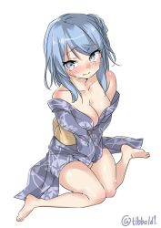 Rule 34 | 10s, 1girl, alternate hairstyle, bad id, bad twitter id, bare legs, bare shoulders, barefoot, between legs, blue eyes, blue hair, blush, breasts, cleavage, closed mouth, collarbone, crying, crying with eyes open, ebifurya, eyebrows, full body, hair bun, hand between legs, highres, inactive account, japanese clothes, kantai collection, kimono, long hair, long sleeves, looking at viewer, matching hair/eyes, medium breasts, obi, off shoulder, print kimono, sash, side bun, sidelocks, simple background, single side bun, sitting, solo, tears, twitter username, urakaze (kancolle), wariza, white background