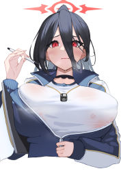 Rule 34 | 1girl, absurdres, black choker, black hair, blue archive, blue jacket, breasts, choker, clipboard, closed mouth, covered erect nipples, from below, gym shirt, gym uniform, halo, hasumi (blue archive), hasumi (track) (blue archive), highres, holding, holding clipboard, huge breasts, jacket, looking at viewer, migu (iws2525), mole, mole under eye, official alternate costume, partially unzipped, ponytail, red eyes, shirt, solo, sweat, track jacket, upper body, whistle
