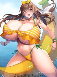 Rule 34 | 1girl, areola slip, banana, banana boat, bikini, blush, bouncing breasts, breasts, brown eyes, brown hair, cameltoe, cleavage, curvy, dot nose, elf, female focus, floating hair, food, fruit, huge breasts, in water, kisuke i, legs, looking at viewer, matching hair/eyes, navel, open mouth, orange bikini, pointy ears, sitting, smile, solo, swimsuit, thick thighs, thighs, underboob, water, wet, wide hips