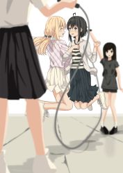 Rule 34 | 4girls, ahoge, black hair, black skirt, blonde hair, blurry, blurry background, blurry foreground, blush, closed eyes, collarbone, depth of field, facing another, highres, jump rope, jumping, looking at another, medium hair, multiple girls, open mouth, original, parted lips, purple eyes, short hair, skirt, smile, twintails, white skirt, ynote
