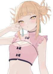 Rule 34 | 1girl, alternate costume, black bow, blonde hair, blunt bangs, blush, boku no hero academia, bow, breasts, cleavage cutout, clothing cutout, crop top, double bun, earrings, eyelashes, frills, hair bun, highres, jewelry, kiina (mrnsor), looking at viewer, messy hair, midriff, orange eyes, parted lips, sidelocks, simple background, small breasts, solo, tassel, tassel earrings, toga himiko, upper body, white background