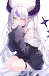 Rule 34 | 1girl, absurdres, ahoge, bandaid, black sweater, blush, collar, demon girl, demon horns, grey hair, hair between eyes, highres, hololive, horns, la+ darknesss, long hair, long sleeves, looking at viewer, metal collar, multicolored hair, off shoulder, pointy ears, purple hair, purple horns, sakura yunuto, simple background, sleeves past fingers, sleeves past wrists, slit pupils, solo, squatting, streaked hair, striped horns, sweater, tail, tank top, thigh strap, twintails, virtual youtuber, white background, yellow eyes