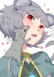 Rule 34 | 1girl, animal ears, blue capelet, blush, capelet, commentary request, crystal, grey hair, heart, highres, jewelry, looking at viewer, medium bangs, mouse (animal), mouse ears, mouse girl, mouse tail, nazrin, open mouth, pendant, red eyes, round teeth, short hair, simple background, sobayu to tenpura, solo, tail, teeth, touhou, translation request, upper body, upper teeth only, white background