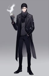 Rule 34 | 1boy, akai shuuichi, black hair, coffee, coffee cup, cup, disposable cup, green eyes, holding, holding cup, jacket, jyun xix, knit hat, leather, leather jacket, long coat, male focus, meitantei conan, pants, scarf, shoes, short hair, solo, steam, striped clothes, striped pants, sweater