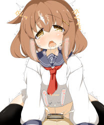 Rule 34 | 10s, 1boy, 1girl, ansui (happycore), bar censor, blush, censored, cowgirl position, cum, cum in pussy, eyebrows, girl on top, happy sex, heart, hetero, highres, ikazuchi (kancolle), kantai collection, long sleeves, necktie, open mouth, penis, pointless censoring, pussy, saliva, sex, shiny skin, shirt, simple background, solo focus, straddling, tears, thighhighs, torogao, vaginal, white background, white shirt