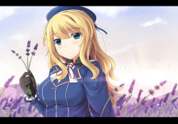Rule 34 | 10s, 1girl, aqua eyes, atago (kancolle), beret, black gloves, blonde hair, blush, breasts, field, flower, flower field, frilled sleeves, frills, gloves, hat, highres, kantai collection, lavender (flower), letterboxed, long hair, long sleeves, looking at viewer, medium breasts, military, military uniform, mizunashi kenichi, smile, solo, uniform, upper body