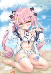 Rule 34 | 1girl, beach, blouse, blush, breasts, cloud, copyright request, food, hair ornament, hand up, highres, ice cream, long hair, looking at viewer, navel, open clothes, open shirt, pink hair, ribbon, shirt, sitting, small breasts, solo, swimsuit, tail, tail ornament, tail ribbon, thigh strap, thighs, twintails, virtual youtuber, wase (vtuber), wings, ya chuifeng lai