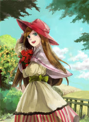 Rule 34 | 1girl, :d, aono (091139), aqua eyes, bad id, bad pixiv id, bouquet, brown hair, capelet, cloud, day, dress, fence, field, flower, hat, holding, long hair, looking back, nature, open mouth, original, parted bangs, rose, shade, sky, smile, solo, striped clothes, striped dress, tree, vertical stripes
