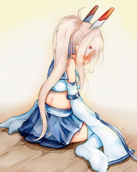 Rule 34 | 1girl, ayanami (azur lane), azur lane, bare shoulders, blonde hair, blue sailor collar, blue skirt, blush, breasts, breath, crop top, detached sleeves, embarrassed, female focus, from behind, full body, hair ornament, hairclip, headgear, long hair, midriff, miniskirt, nose blush, open mouth, pee, peeing, peeing self, pleated skirt, ponytail, puddle, sailor collar, shirt, sideboob, sitting, skirt, sleeveless, sleeveless shirt, sleeves past fingers, sleeves past wrists, small breasts, solo, thighhighs, wariza, watakarashi, wet, wet clothes, white shirt, white thighhighs
