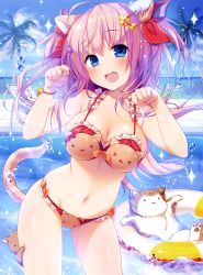 Rule 34 | 1girl, absurdres, animal ears, bikini, blue eyes, blush, breasts, cameltoe, cat ears, cat tail, cleavage, fangs, highres, kino (kino konomi), large breasts, long hair, looking at viewer, navel, open mouth, pink hair, smile, solo, swimsuit, tail, wet