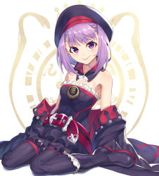 Rule 34 | 1girl, absurdres, arm support, bare shoulders, belt, black footwear, black hat, black legwear, blush, breasts, closed mouth, collarbone, commentary request, detached collar, detached sleeves, dress, fate/grand order, fate (series), frilled skirt, frills, full body, hair between eyes, hat, helena blavatsky (fate), helena blavatsky (third ascension) (fate), highres, joker (tomakin524), layered skirt, looking at viewer, miniskirt, purple eyes, purple hair, shiny skin, short hair, sitting, skirt, small breasts, smile, solo, strapless, strapless dress, tongue, tongue out