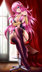 Rule 34 | 1girl, bare shoulders, blue eyes, blush, breasts, chair, cleavage, collar, cuffs, detached sleeves, feet, fishnet thighhighs, fishnets, full body, garter belt, highres, large breasts, long hair, megurine luka, nail polish, navel, obiwan, pink hair, pink nails, raised eyebrow, sitting, solo, stool, thighhighs, vocaloid
