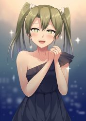 Rule 34 | 10s, 1girl, :d, alternate costume, bare arms, bare shoulders, black dress, blurry, blush, collarbone, commentary, depth of field, dress, earrings, female focus, formal, frilled dress, frills, gradient background, green eyes, green hair, hair between eyes, hair ribbon, hands up, happy, jewelry, kantai collection, lips, long hair, looking at viewer, neck, ohiya, open mouth, own hands together, pleated dress, ribbon, ring, sleeveless, sleeveless dress, smile, solo, sparkle, standing, star-shaped pupils, star (symbol), symbol-shaped pupils, twintails, white ribbon, zuikaku (kancolle)