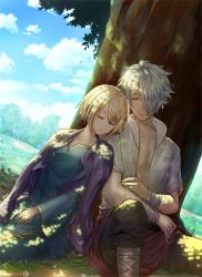 Rule 34 | 1boy, 1girl, blonde hair, blouse, blush, borrowed clothes, closed eyes, cordelia ravus, dappled sunlight, day, dress, gloves, hair between eyes, hair over one eye, leaning on person, leaning to the side, octopath traveler, octopath traveler i, outdoors, own hands together, shirt, short hair, side-by-side, sitting, sleeping, sunlight, swept bangs, therion (octopath traveler), tree, white hair, white shirt, yuzuponza