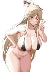 Rule 34 | 1girl, alternate breast size, bare hips, bare legs, bikini, unworn bikini bottom, bikini top only, black bikini, bottomless, breasts, cleavage, cunimura1584, female pubic hair, genshin impact, hair ornament, hand on own hip, highres, large breasts, leaning forward, legs together, navel, nervous smile, ningguang (genshin impact), no panties, no pants, parted bangs, pubic hair, red eyes, smile, solo, stomach, sweatdrop, swimsuit, thick thighs, thighs, v, white hair