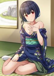 Rule 34 | 1girl, bare shoulders, black hair, blue kimono, breasts, cleavage, collarbone, commentary, floral print, hand on own chest, hand up, highres, idolmaster, idolmaster shiny colors, indoors, japanese clothes, kimono, legs, light blush, looking at viewer, morino rinze, obi, picture frame, print kimono, red eyes, sash, serious, short hair, sitting, small breasts, socks, solo, tabi, takatsuki p, tatami, thighs, twitter username, wall, white socks, yokozuwari