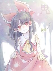 Rule 34 | 1girl, ascot, black hair, blush, bow, commentary, detached sleeves, frilled bow, frilled hair tubes, frills, hair bow, hair tubes, hakurei reimu, karioda, light smile, long hair, looking at viewer, otter, otter spirit (touhou), paw print, paw print pattern, red bow, red eyes, red skirt, skirt, skirt hold, skirt set, solo, spirit, touhou, yellow ascot