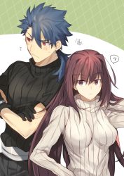 Rule 34 | 1boy, 1girl, black gloves, black sweater, blue hair, blush, closed mouth, commentary request, cu chulainn (fate), cu chulainn (fate) (all), cu chulainn (fate/prototype), cu chulainn (fate/stay night), earrings, fate/grand order, fate/prototype, fate (series), gloves, highres, jewelry, long hair, nikame, ponytail, purple eyes, purple hair, red eyes, scathach (fate), signature, simple background, sweater, turtleneck, turtleneck sweater, white sweater
