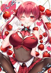 Rule 34 | 1girl, ;d, ascot, bare shoulders, black leotard, black thighhighs, blush, breasts, cherry, cleavage, covered navel, cropped vest, food, fruit, gloves, grin, haruhitooo, heart, highres, hololive, houshou marine, indian style, large breasts, leotard, leotard under clothes, long hair, looking at viewer, mouth hold, one eye closed, open mouth, parted lips, purple hair, red ascot, red eyes, red vest, see-through, see-through cleavage, sitting, smile, sparkle, spread legs, teeth hold, thighhighs, twintails, vest, virtual youtuber, water, white gloves