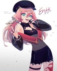 Rule 34 | 1girl, absurdres, adapted costume, amefurin, antlers, artist name, bare shoulders, breasts, cabbie hat, cowboy shot, genshin impact, green eyes, hat, highres, holding, holding microphone, horns, idol, long sleeves, looking at viewer, microphone, open mouth, pink hair, skirt, small breasts, smile, wide sleeves, yanfei (genshin impact)