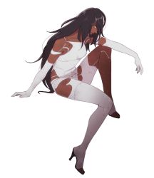 Rule 34 | 1girl, alternate color, alternate skin color, android, asymmetrical legwear, black hair, boots, breasts, commentary, dark-skinned female, dark skin, elbow gloves, english commentary, full body, gloves, hair over one eye, hanpetos, high heel boots, high heels, joints, katana, leotard, long hair, medium breasts, mismatched legwear, nier:automata, nier (series), planted, planted sword, planted weapon, player 2, revision, robot joints, sitting, solo, sword, toeless footwear, toes, weapon, white background, white gloves, yellow eyes, a2 (nier:automata)