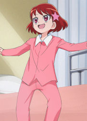 Rule 34 | 10s, 1girl, :d, hair ornament, haruyama kazunori, indoors, kenjou miku, kirakira precure a la mode, open mouth, outstretched arms, pajamas, precure, red eyes, red hair, smile, solo, star (symbol), star hair ornament
