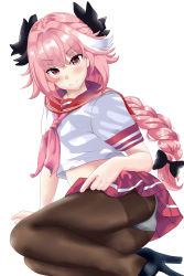 Rule 34 | 1boy, ass, astolfo (fate), blush, bow, braid, clothes lift, come hither, fate/apocrypha, fate/grand order, fate (series), hair bow, high heels, highres, long hair, looking at viewer, male focus, multicolored hair, naughty face, panties, panties under pantyhose, pantyhose, pink hair, piukute062, purple eyes, school uniform, single braid, sitting, skirt, skirt lift, smile, solo, trap, two-tone hair, underwear, upskirt, very long hair, white hair, yokozuwari