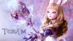 Rule 34 | 1girl, animal ears, artist request, blonde hair, blue eyes, blue gloves, rabbit ears, rabbit tail, copyright name, curly hair, dress, elin, gloves, lips, long hair, magic, official art, outstretched arm, smile, solo, staff, tail, tera online, upper body, weapon, white dress