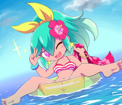 Rule 34 | 10s, 1girl, ;d, aqua hair, ass, barefoot, beachhime, bikini, bikini top only, blue sky, blush stickers, bottomless, breasts, chibi, cleft of venus, clitoris, cloud, day, earrings, feet, flower, hair between eyes, hair flower, hair ornament, hair ribbon, hibiscus, innertube, jewelry, long hair, looking at viewer, medium breasts, navel, nollety, one eye closed, open mouth, outdoors, pink eyes, ponytail, pussy, ribbon, sky, smile, solo, sparkle, spread legs, star (symbol), star earrings, striped bikini, striped bikini top, striped clothes, swim ring, swimsuit, transparent, v, water, youkai watch