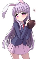 Rule 34 | 1girl, absurdres, animal ears, arms up, blue jacket, blush, bright pupils, candy, chestnut mouth, chocolate, chocolate heart, commentary request, contrapposto, cowboy shot, food, head tilt, heart, heart-shaped pupils, highres, holding, holding chocolate, holding food, jacket, light purple hair, long hair, long sleeves, looking at viewer, necktie, pink eyes, pink skirt, pleated skirt, rabbit ears, red necktie, reisen udongein inaba, simple background, skirt, solo, standing, suit jacket, symbol-shaped pupils, touhou, tsukimirin, valentine, very long hair, white background, white pupils
