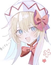 Rule 34 | 1girl, blonde hair, blue eyes, blush, bow, hair between eyes, hair bow, hat, lily white, long hair, open mouth, portrait, red bow, simple background, smile, solo, touhou, tsukikaze aki, white background, white hat