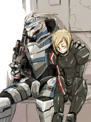 Rule 34 | 1boy, 1girl, alien, animification, armor, blonde hair, blood, blood on face, closed eyes, commander shepard, commander shepard (female), cuts, garrus vakarian, gun, hand on another&#039;s shoulder, hetero, holding, holding gun, holding weapon, hugo (coconomi), injury, interspecies, mass effect (series), mass effect 1, monocle, n7 armor, open mouth, rifle, science fiction, short hair, sniper rifle, turian, weapon