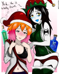 Rule 34 | 2girls, absurdres, alcohol, animal ears, arms up, breasts, brown eyes, cat ears, cat girl, christmas, colored skin, cpt.tester works, drinking, drunk, elf hat, elora (cpt.tester), hat, highres, holiday, holidays, kiwi (cpt.tester), large breasts, looking at another, looking at viewer, multicolored hair, multiple girls, orange eyes, orange hair, pale skin, pink hair, red hair, santa hat, small breasts, speech bubble, tattoo, thighhighs, tongue, tongue out, underwear, vodka, white skin