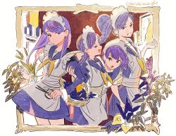 Rule 34 | 4girls, apron, brown eyes, dress, closed eyes, frilled apron, frills, holding, holding scissors, juliet sleeves, leaf, long hair, long sleeves, maid, maid apron, maid headdress, medium hair, multiple girls, neckerchief, open mouth, original, plant, profile, puffy sleeves, purple dress, purple eyes, purple hair, scissors, signature, smile, umishima senbon, yellow neckerchief