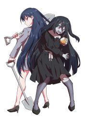 Rule 34 | black hair, dual persona, high heels, highres, long hair, onion, open mouth, pale skin, red eyes, shovel, somasoutaro, teeth, time paradox, upper teeth only, white background, yamada tae, zombie, zombie land saga