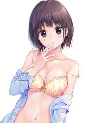 Rule 34 | 1girl, :o, bad id, bad twitter id, bare shoulders, black eyes, blue shirt, bra, breasts, brown hair, cleavage, collarbone, dress shirt, hand up, highres, large breasts, looking at viewer, navel, off shoulder, open clothes, open shirt, original, parted lips, pasdar, polka dot, shirt, short hair, simple background, solo, stomach, strap slip, underwear, upper body, white background, yellow bra