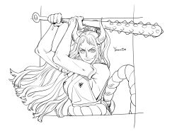 Rule 34 | 1girl, arms up, breasts, character name, club, club (weapon), commentary request, earrings, floating hair, greyscale, highres, holding, holding weapon, horns, japanese clothes, jewelry, kanabou, kimono, monochrome, mush820823, one piece, ponytail, rope, shimenawa, sideboob, sidelocks, sleeveless, sleeveless kimono, smile, solo, upper body, v-shaped eyebrows, weapon, yamato (one piece)